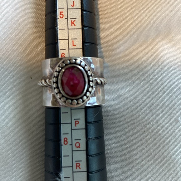 Genuine Red Ruby Wide Band Hammered Sterling Silver Ring. - Picture 6 of 7